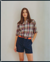 Red Gold Madras Button Down Short Sleeve Shirt Classic Fit