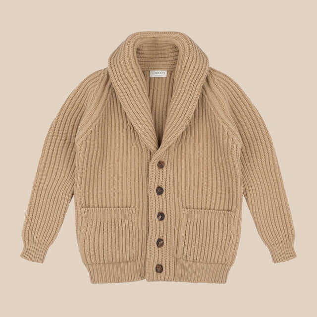 Superfine lambswool shawl collar cardigan in camel
