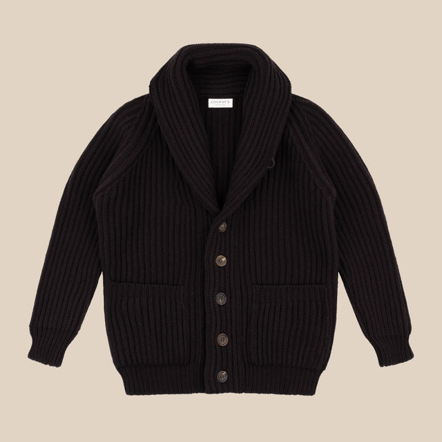 Superfine lambswool shawl collar cardigan in dark brown
