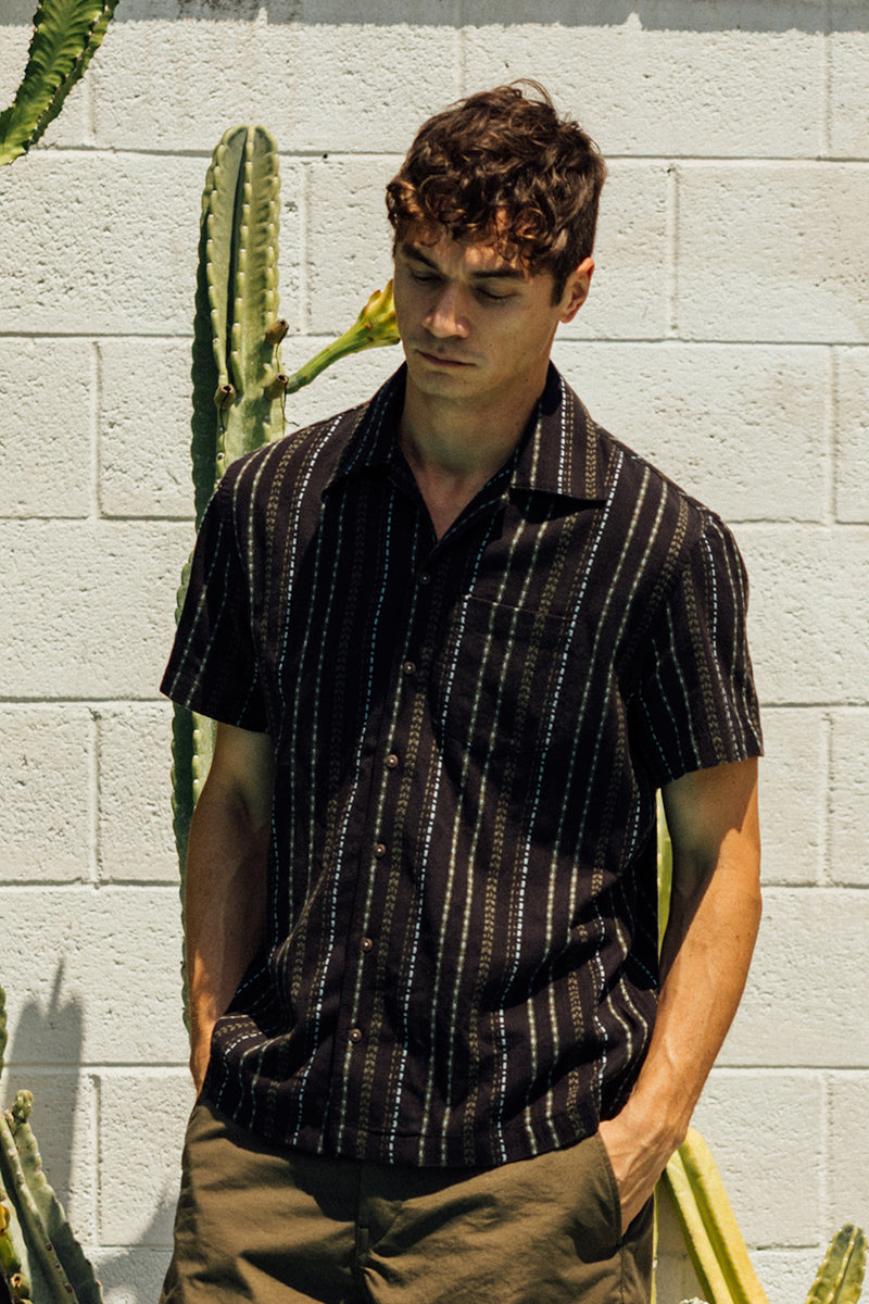 The Wrench Gauze Dobby Stripe Shirt- Black - XXL