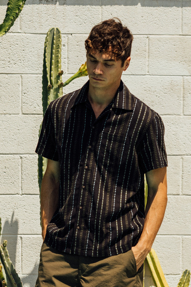 The Wrench Gauze Dobby Stripe Shirt- Black - XXL