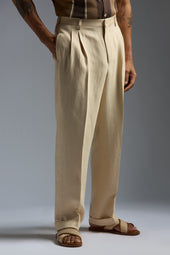 Twill Linen Douple Pleated Tailored Pants