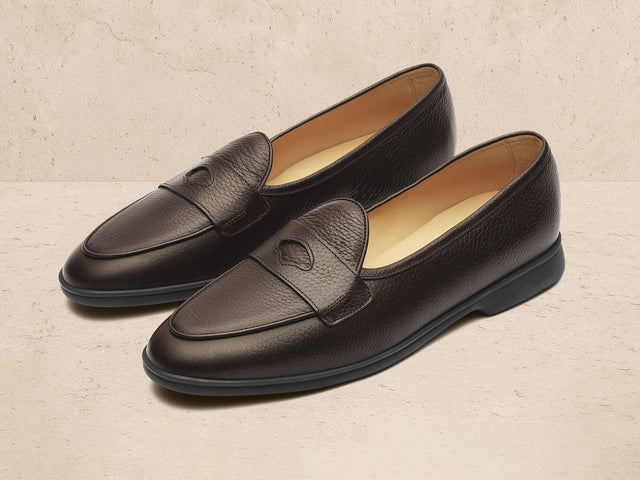 Stride Penny Loafers in Brown Moorland Calf with Dark Sole