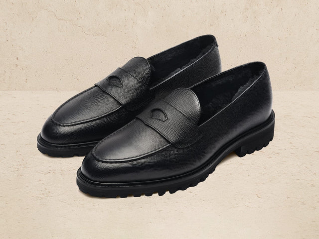 Pall Mall Loafers in Black Hatch Grain Calf with Shearling