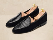 Sagan Classic Precious Leather Loafers in Black Suede and Crocodile