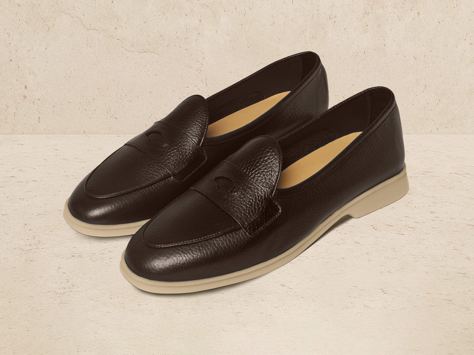 Stride Penny Loafers In Dark Brown Moorland Calf With Natural Sole