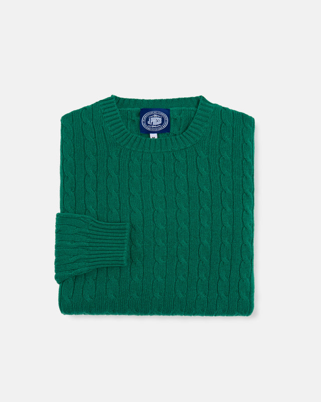 Made In Scotland Kelly Green Cable Knit Cashmere Sweater
