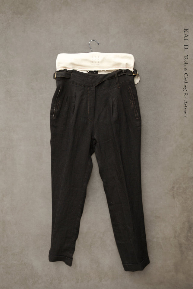 Isa Belted Pants - Black Linen Herringbone - M, L