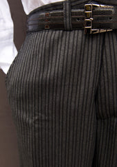 Bootlegger Loose Fit High Waisted Wool Pants British Striped Wool 34