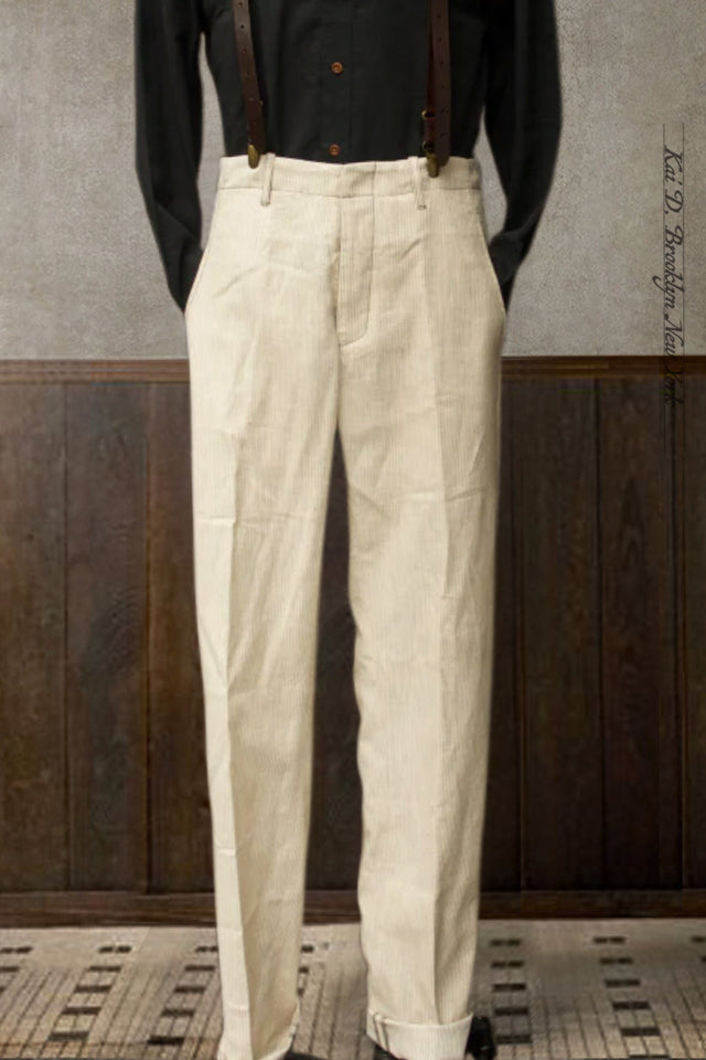 Linen Cotton Borough Pants - Cream Pin - 30, 32, 34, 36, 38