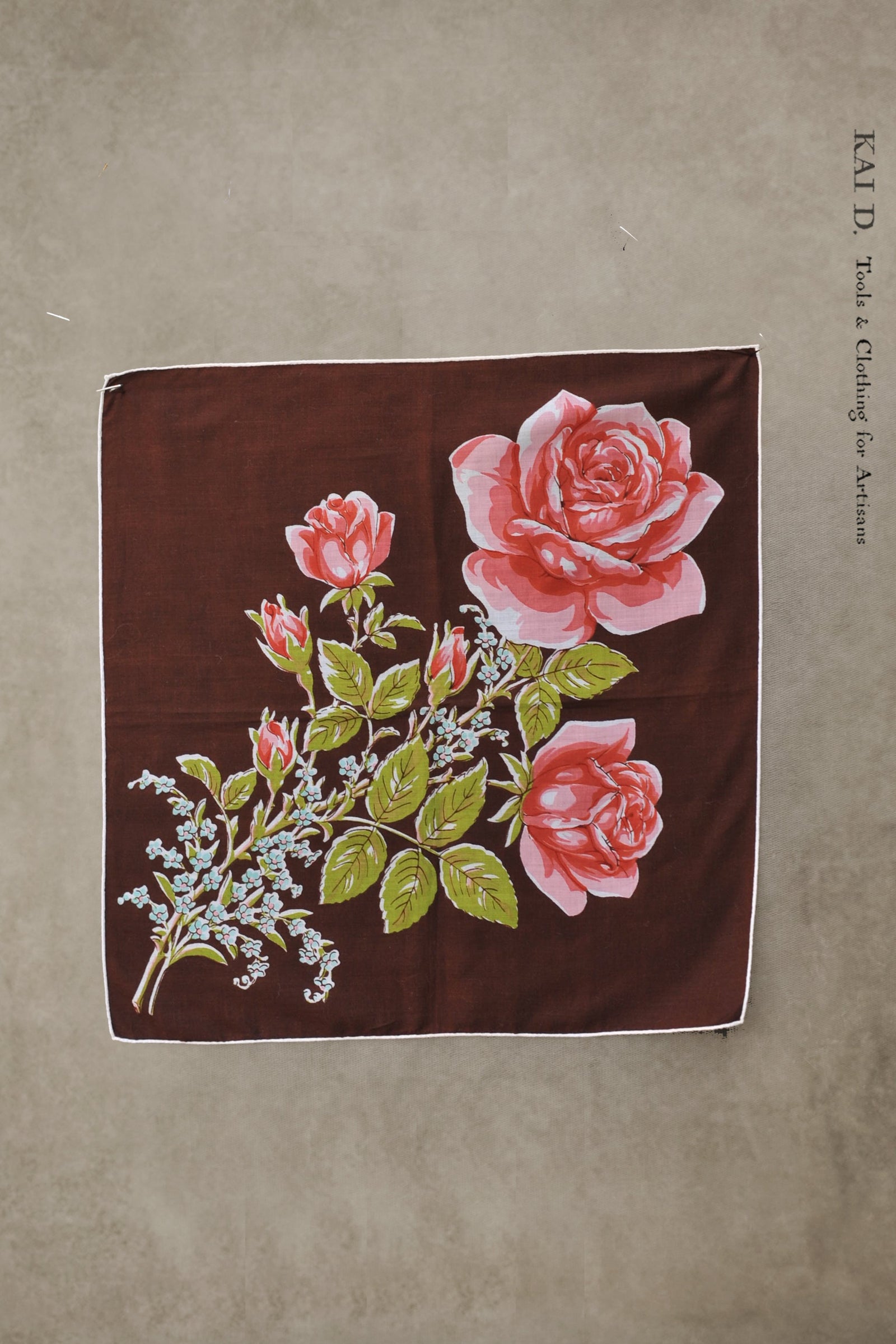 Vintage Linen Pocket Square Dark Brown Pink Roses