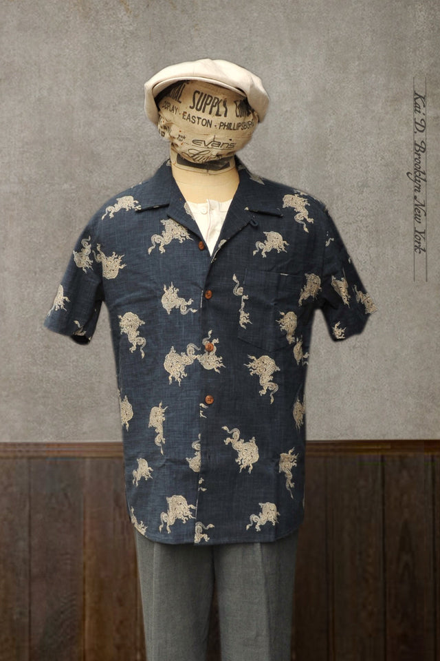 Slater Shirt - Dragon Print Indigo Cotton - S, M, L, XL, XXL