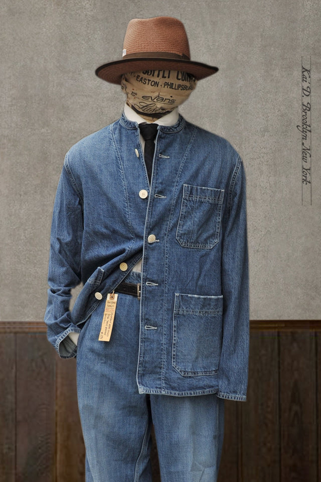 Mason Collarless Jacket - Stone Washed Denim - 50, 52