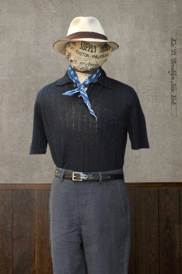 Perforated Stitch Linen Polo - Ink Blue - M, L