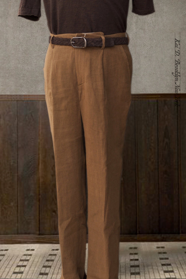 One Pleat Belgian Linen Trousers - Cinnamon - 48, 50, 52 (NO RETURN)
