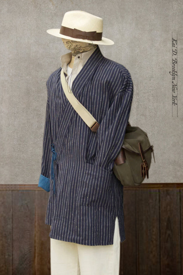 Indigo Stripe Japanese Farmer Coat - S (NO RETURN)