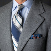 Repp Stripe Silk Tie White Grey Hand Rolled
