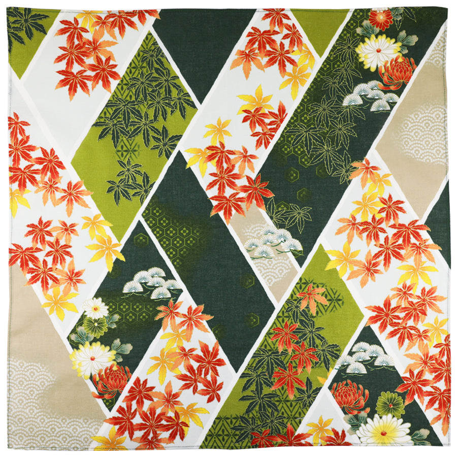 Momiji Leaves Motif Cotton Handkerchief Olive