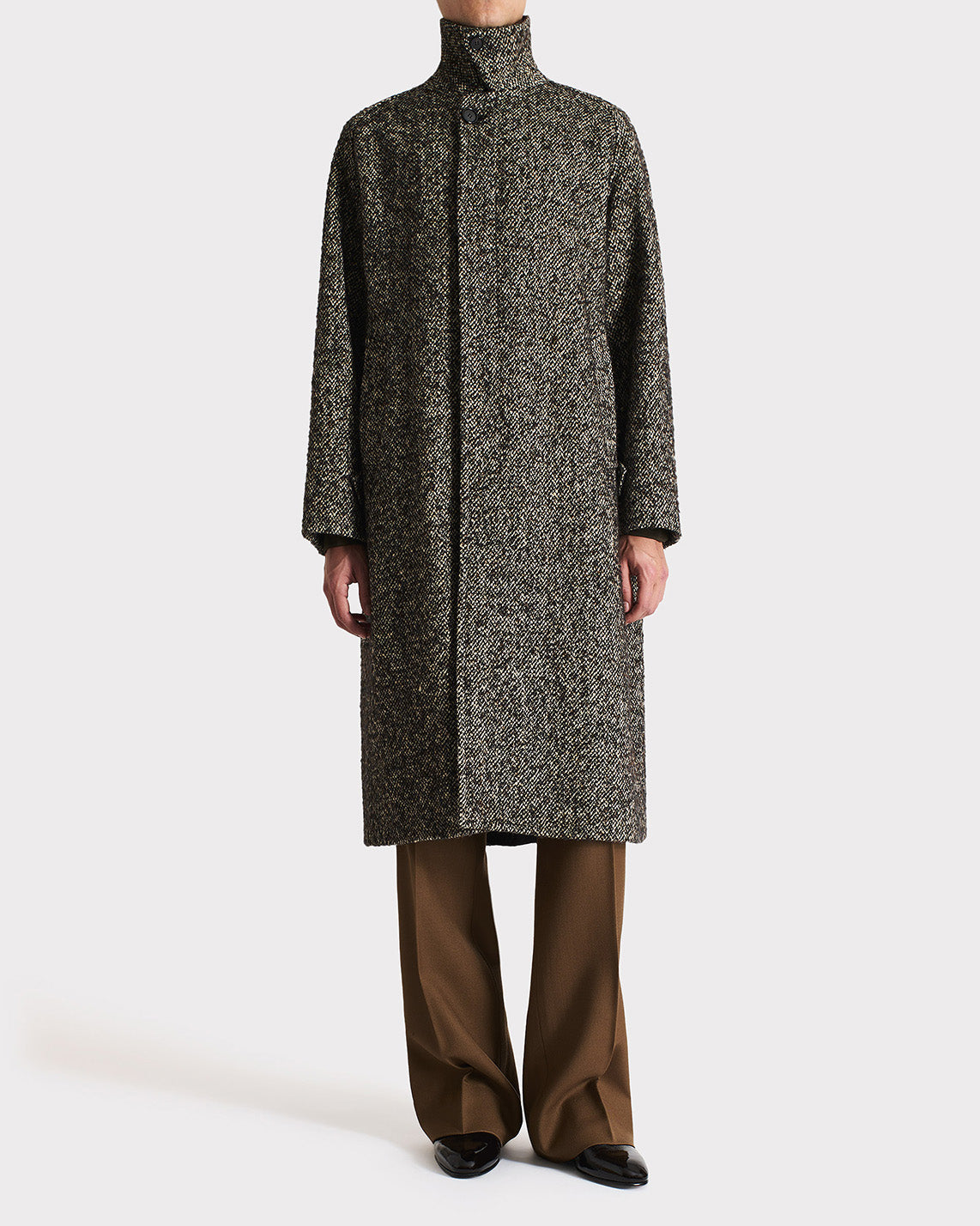 Car Coat En Tweed De Laine Et Polyester Noir Et Beige