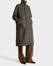 Car Coat En Tweed De Laine Et Polyester Noir Et Beige