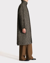 Car Coat En Tweed De Laine Et Polyester Noir Et Beige