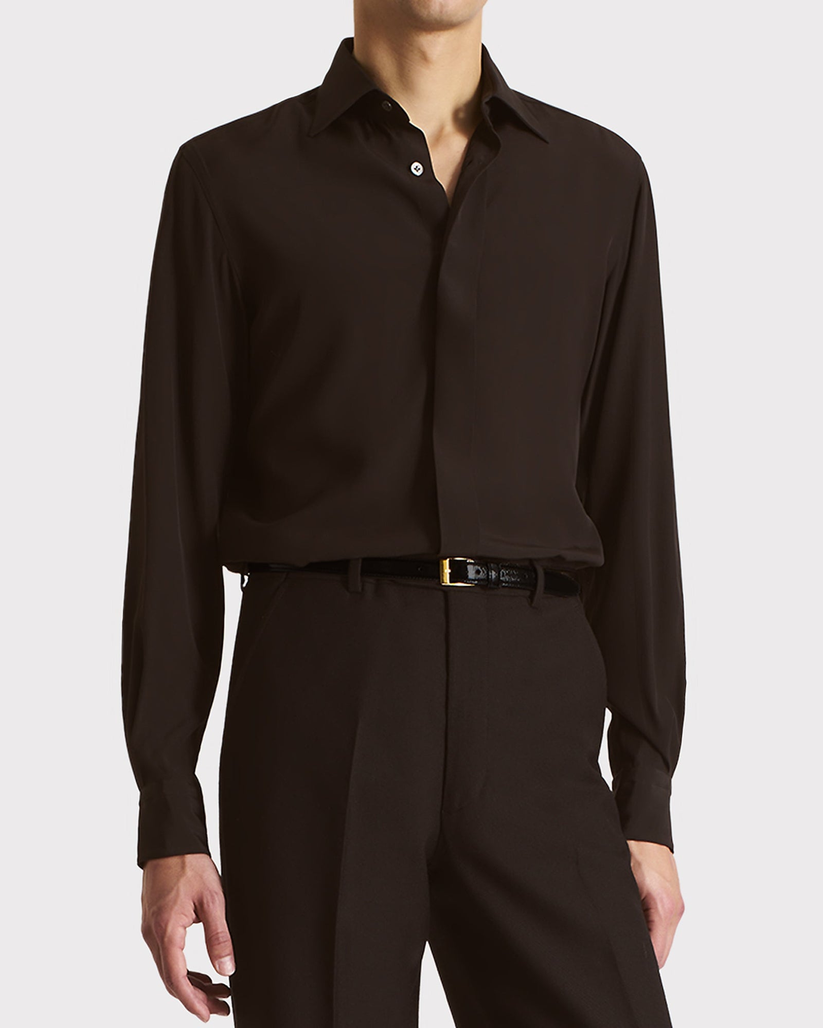 Chemise Col Classique En Cr Pe De Soie Chocolat Fonc