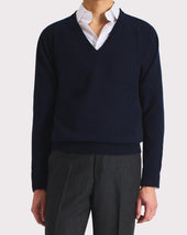 PULL COL V EN LAINE MÉRINOS - BLEU MARINE