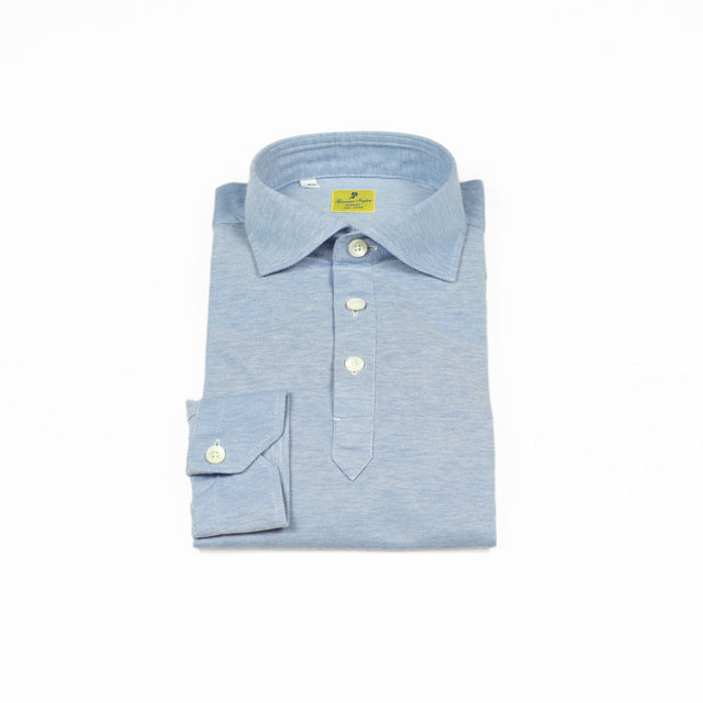 Long sleeve polo shirt in light blue cotton pique