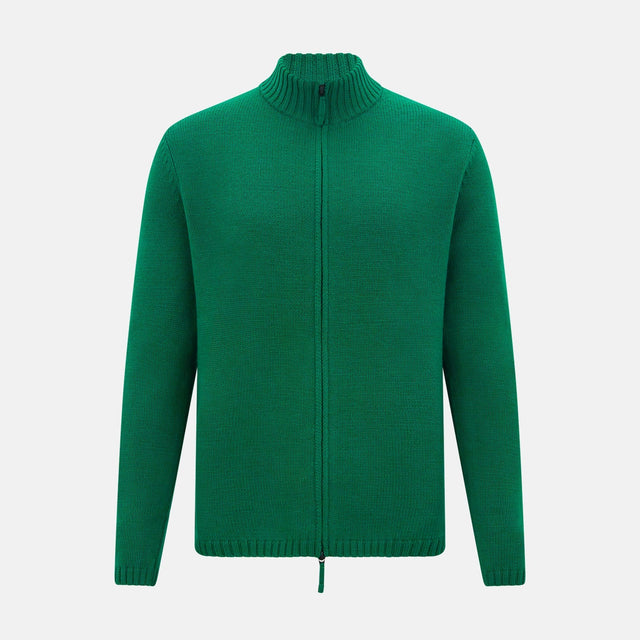 Forest Green Merino High Neck Zipped Cardigan