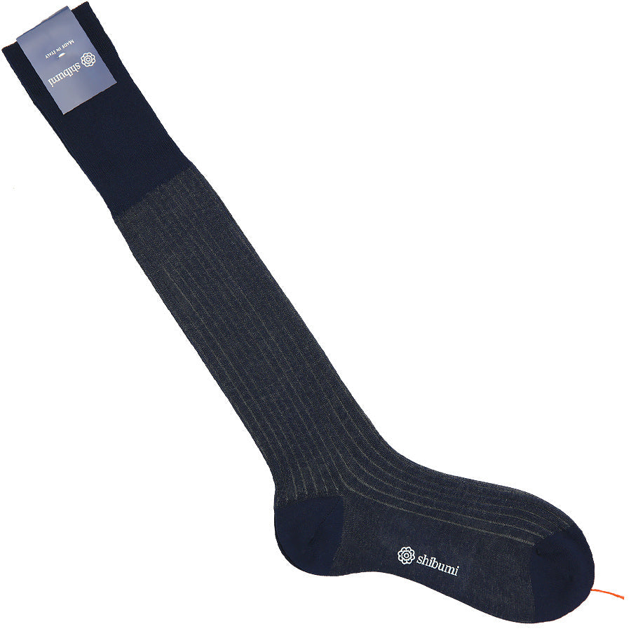 Knee Socks Shadow Stripes Navy Grey Pure Cotton