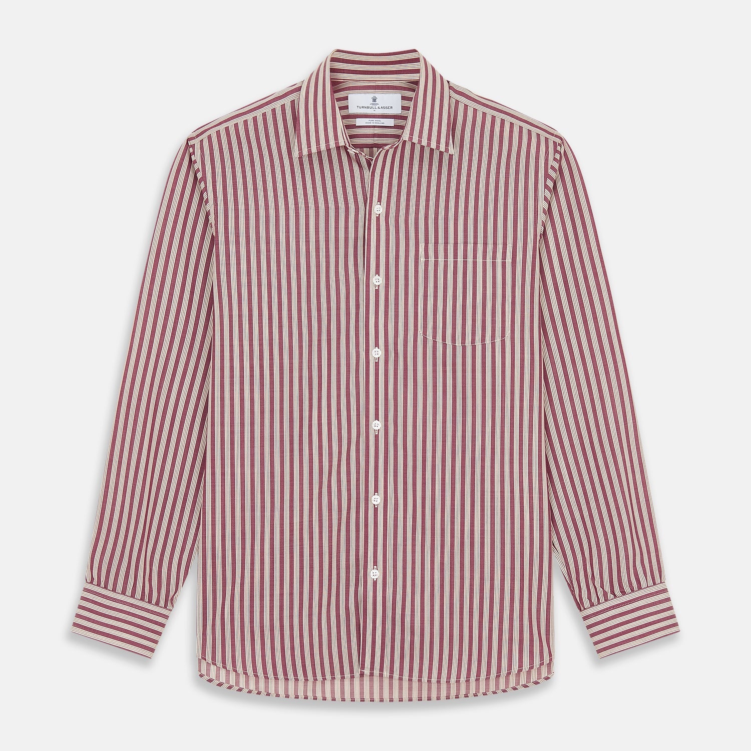 Burgundy Multi Stripe Weekend Fit Wool Shirt with Derby Collar and 1 Button Cuffs