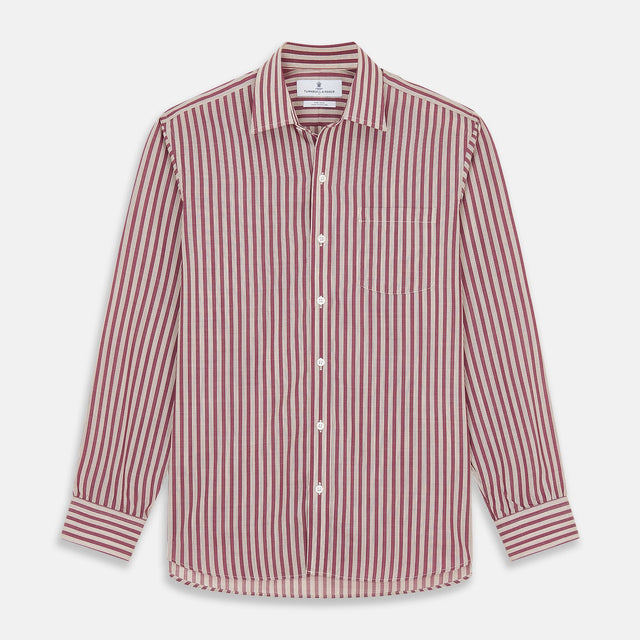 Burgundy Multi Stripe Weekend Fit Wool Shirt with Derby Collar and 1 Button Cuffs