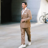 Double Breasted Peak Lapel Suit In Wool Silk And Linen