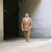 Double Breasted Peak Lapel Suit In Wool Silk And Linen