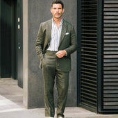 Single Breasted Peak Lapel Suit In Green Wool Silk And Linen