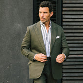 Single Breasted Peak Lapel Suit In Green Wool Silk And Linen