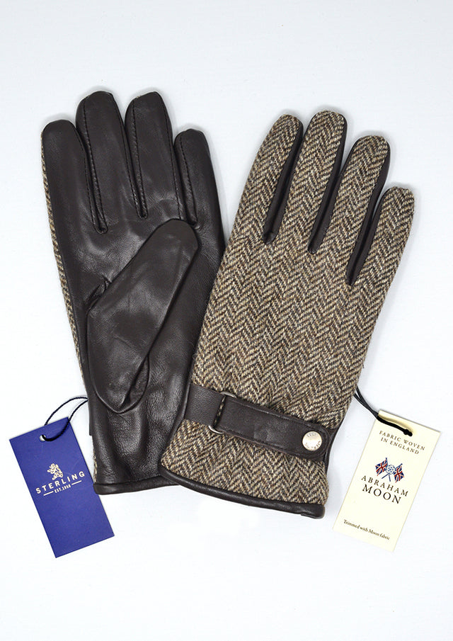 Brown Fleece lined leather glove with Tweed back