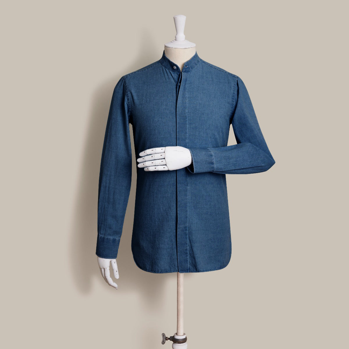 100 Hands For Anderson Sheppard Handmade Collarless Chambray Shirt In