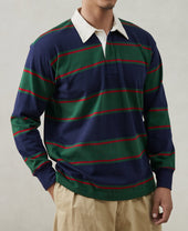 Classic Fit Striped Jersey Rugby Shirt - Green/Navy/Red