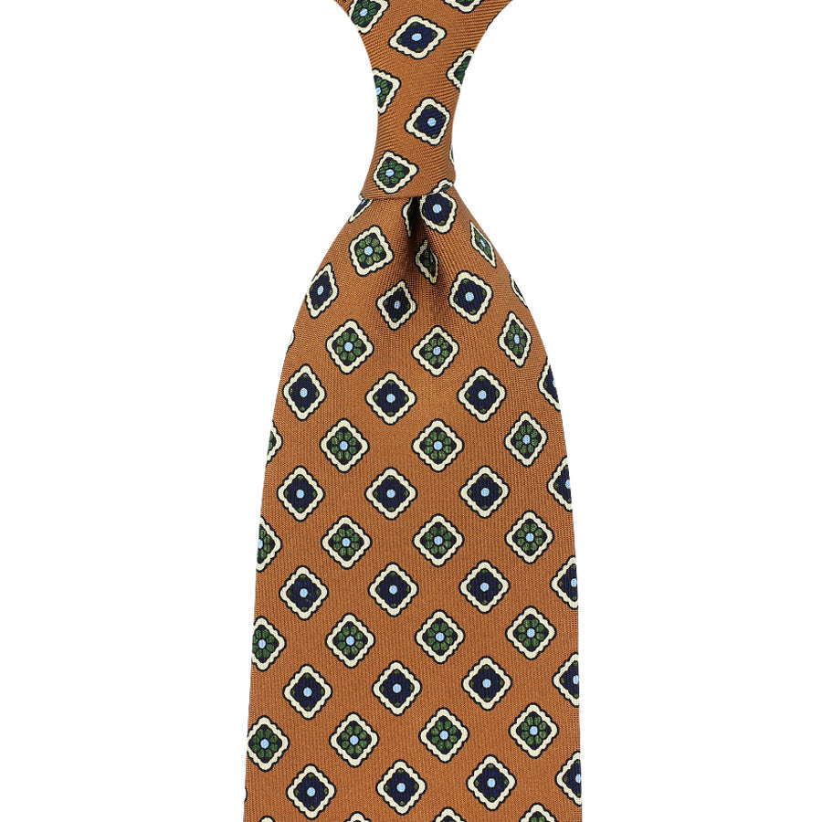 Floral Printed Silk Tie Beige Hand Rolled