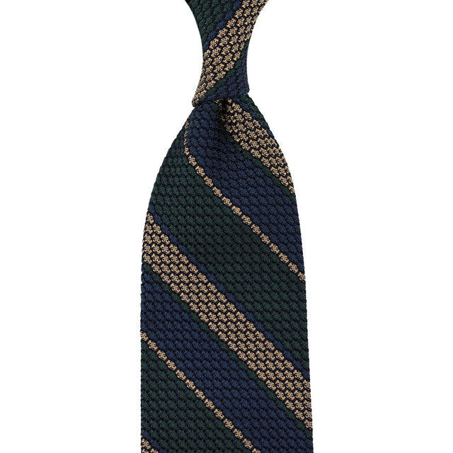 Striped Grenadine / Garza Grossa Silk Tie - Navy / Forest / Beige