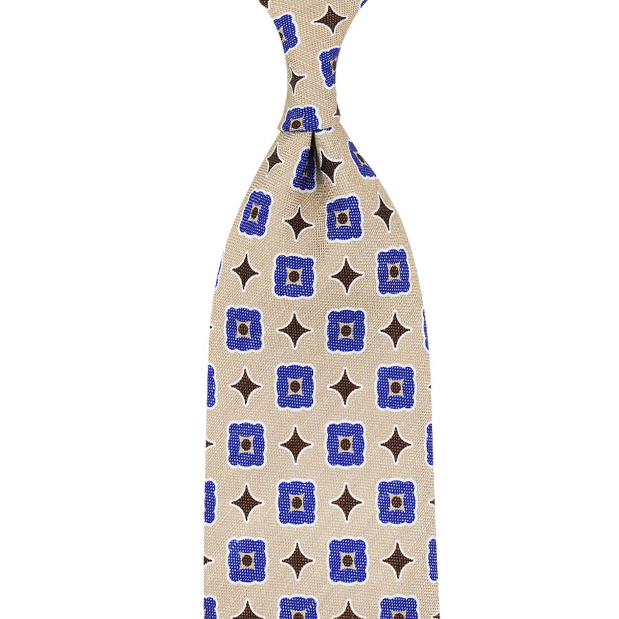 Floral Printed Silk Linen Tie Beige Hand Rolled
