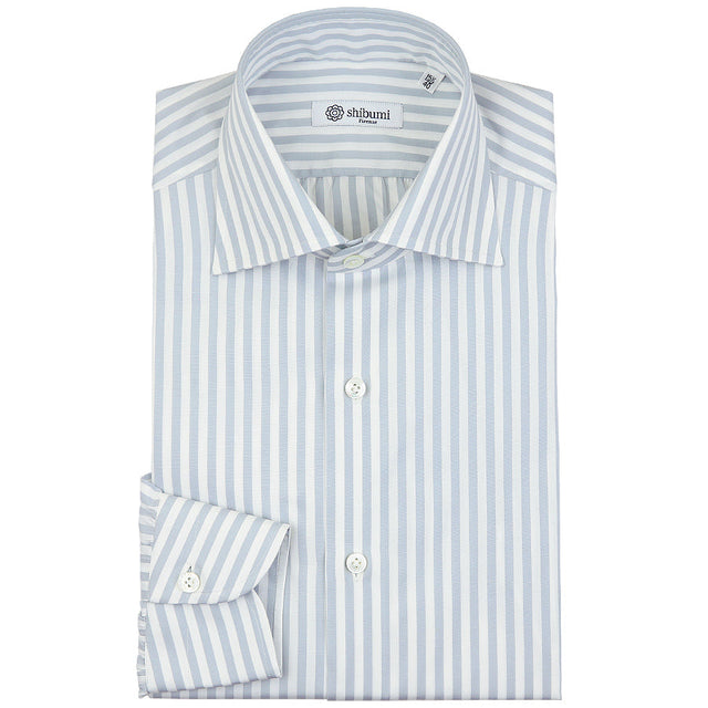 Poplin Semi Spread Shirt - White / Light Grey - Butcher Stripe
