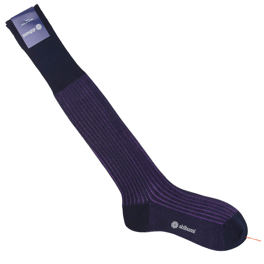 Knee Socks Shadow Stripes Navy Eggplant Pure Cotton