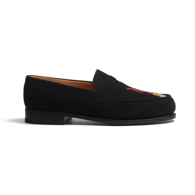 180 Loafer [Men Black suede goatskin and red & gold embroidery]