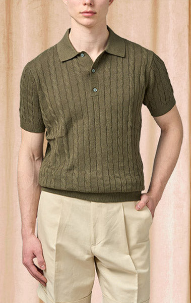 Linen Cotton Cable Knit Polo Final Sale