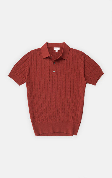 Rust Linen-Cotton Cable Knit Polo