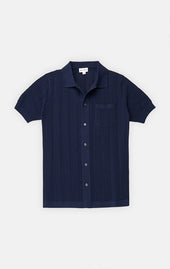 Navy Cool Cotton Mesh Knit Button Front Polo