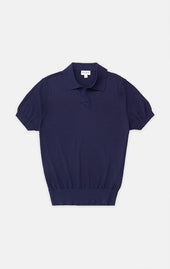 Navy Silk-Cotton Johnny Collar Polo