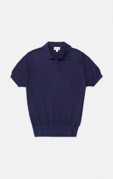 Navy Silk-Cotton Johnny Collar Polo